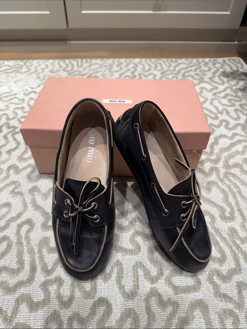 Miu Miu Black Leather Lace-Up Boat Loafers with Tan Trim